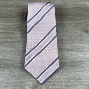Belisi 100% Silk Tie Necktie 63" x 4" Pink / Purple Stripe Geometric Handmade